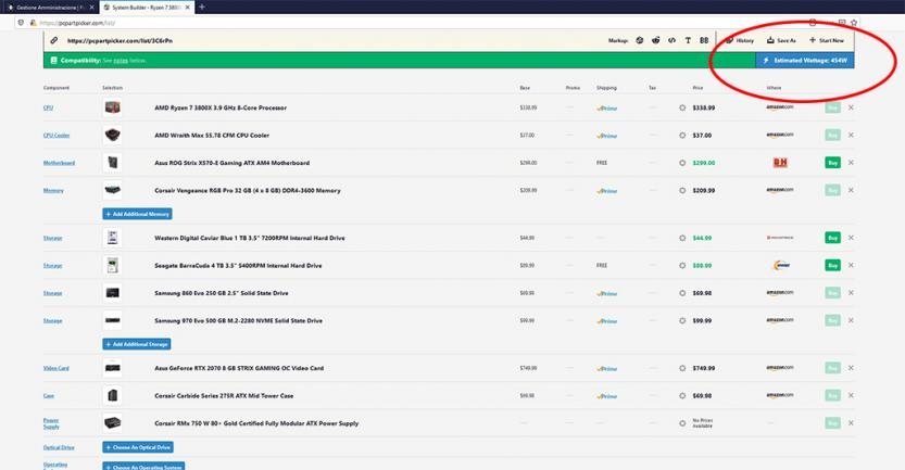 schermata calcolo wattaggio sito pcpickerpart.com per scelta alimentatore pc