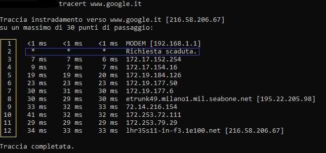 promt dei comandi di MS-DOS trace route